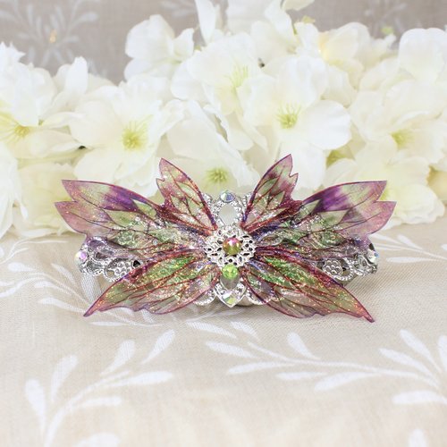 Barrette à cheveux "ailes de fée cristal"rose et verte, féerique, fantastique, fantaisie