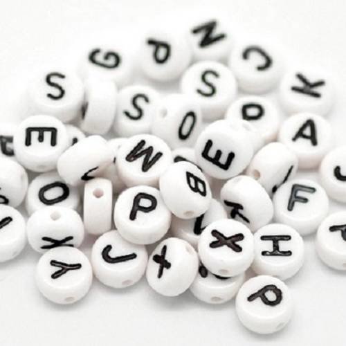 Lot 10 perles lettre au choix alphabet rond plat blanc/noir bijoux 6 mm de a -z -  neuf 