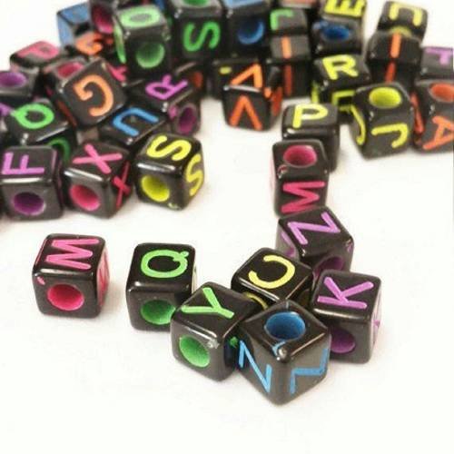 Lot 10 perles lettre au choix alphabet cube noir/couleur bijoux 6 mm de a -z -  neuf 