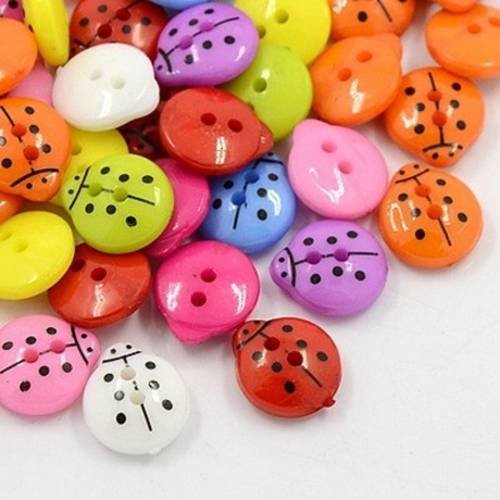 Lot 20 boutons 13 x 12 mm multicolore coccinelle neuf 