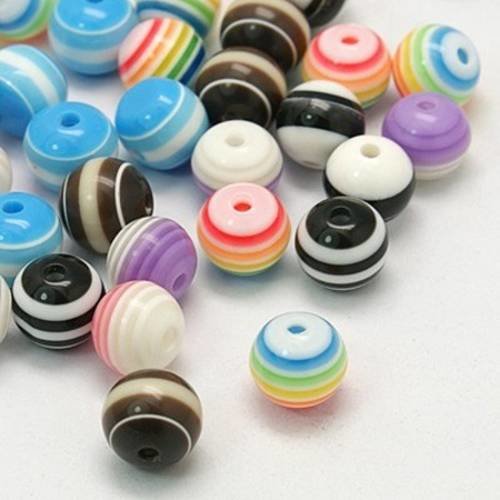 Lot 20 perles rondes rayures multicolores résine 8 mm neuf 