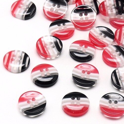 Lot 20 boutons 12.5 mm rayures rouge noir 4 trous neuf 