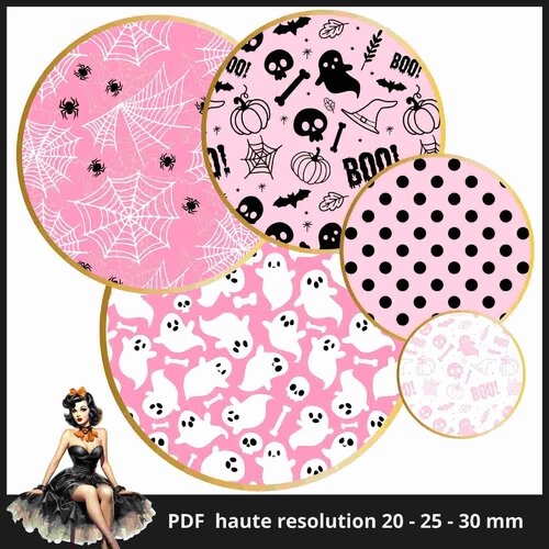 Planche images cercles rondes halloween rose pattern imprimables feuille cabochon 20mm 25mm 30mm téléchargement instantané