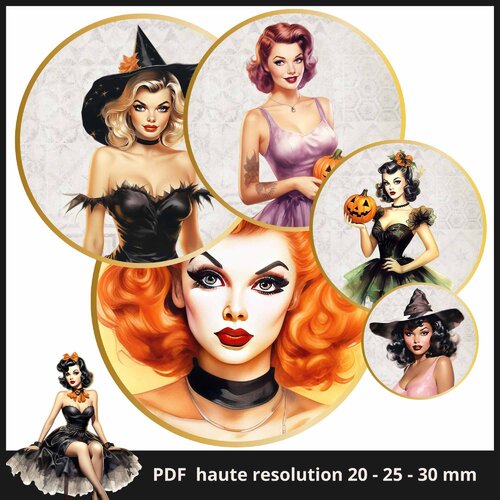 Planche images cercles rondes halloween imprimables feuille cabochon 25mm 30mm téléchargement instantané
