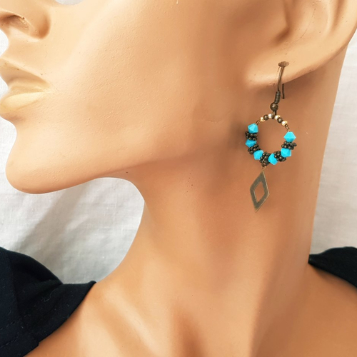 Boucles d'oreilles en cristal de swarovski turquoise et losange bronze