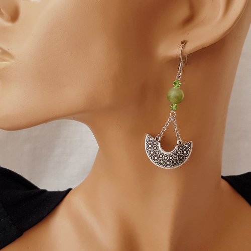 Boucles d'oreilles ethniques éventail jade vert et cristal de swarovski