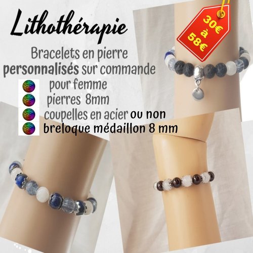 Lithothérapie, bracelet personnalisé sur commande femme en pierres fines 8 mm, avec breloque médaillon et coupelles ou non