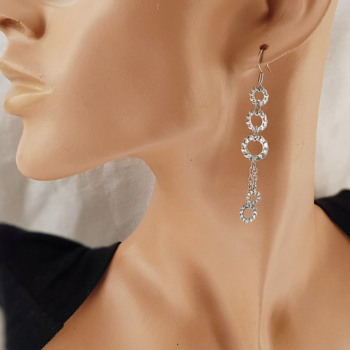 Boucles d'oreilles pendantes en rondelles acier avec chaîne