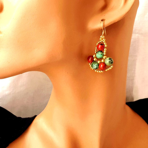 Bijou, boucles d'oreilles, jaspe rouge et african turquoise et gold filled 14k