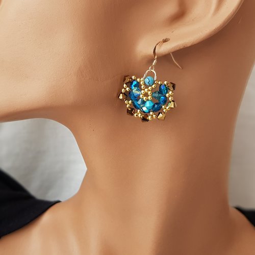 Boucles d'oreilles éventail turquoise en cristal de swarovski et gold filled