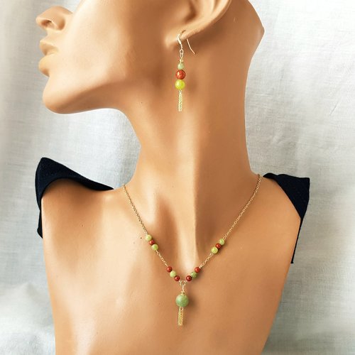 Parure avec pendant chaînette, en jade vert, jaspe rouge et gold filled 14k