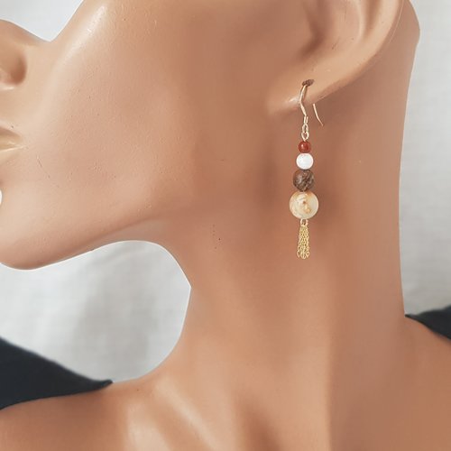 Boucles d'oreilles chaînette en jaspe picasso, paysage, rouge, pierre de lune et gold filled 14k