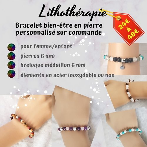 Lithothérapie, bracelet personnalisé sur commande femme-enfant en pierres 6 mm breloque médaillon, éléments métal ou non