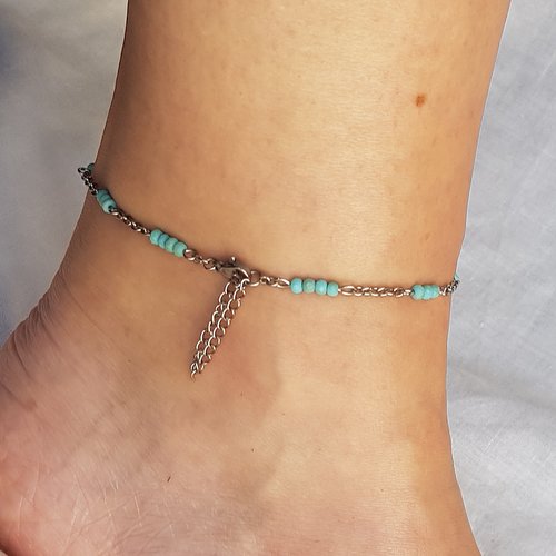 Bijou, bracelet de cheville en perle de verre turquoise mat et acier inoxydable
