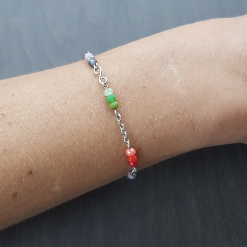 Bijou, bracelet sur commande en perle de verre multicolore et acier inoxydable