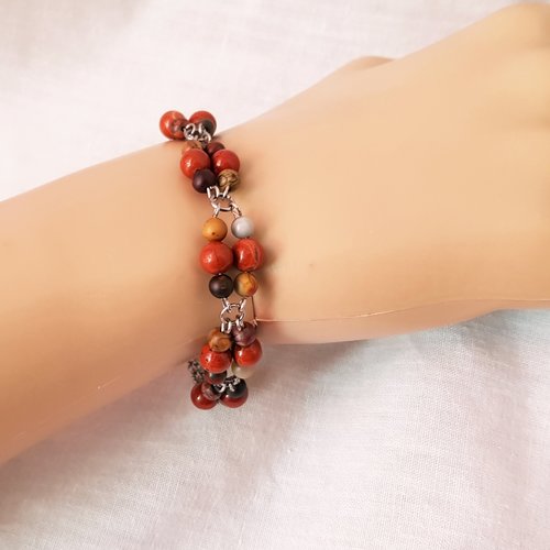 Bijou, bracelet en pierres semi-précieuses jaspe picasso, jaspe rouge et acier inoxydable