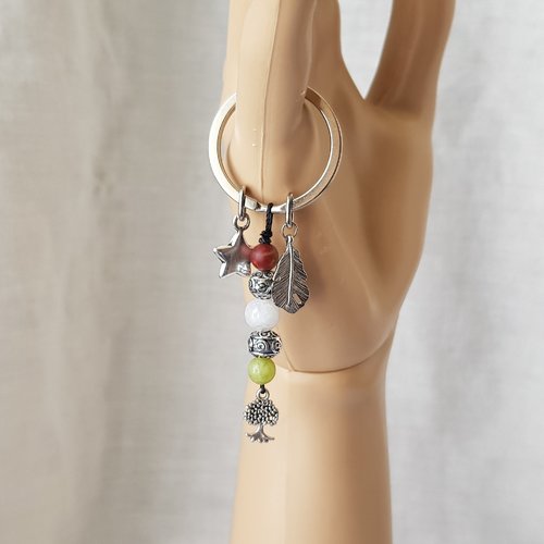 Porte clés ou bijou de sac sur commande avec pierres semi-précieuses jaspe picasso, pierre de lune et jade vert, breloques