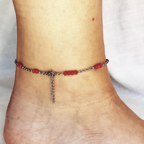 Bracelet de cheville en perle de verre facettées rouge et acier inoxydable