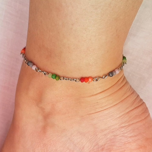 Bijou, bracelet de cheville sur commande en perle de verre multicolore et acier inoxydable