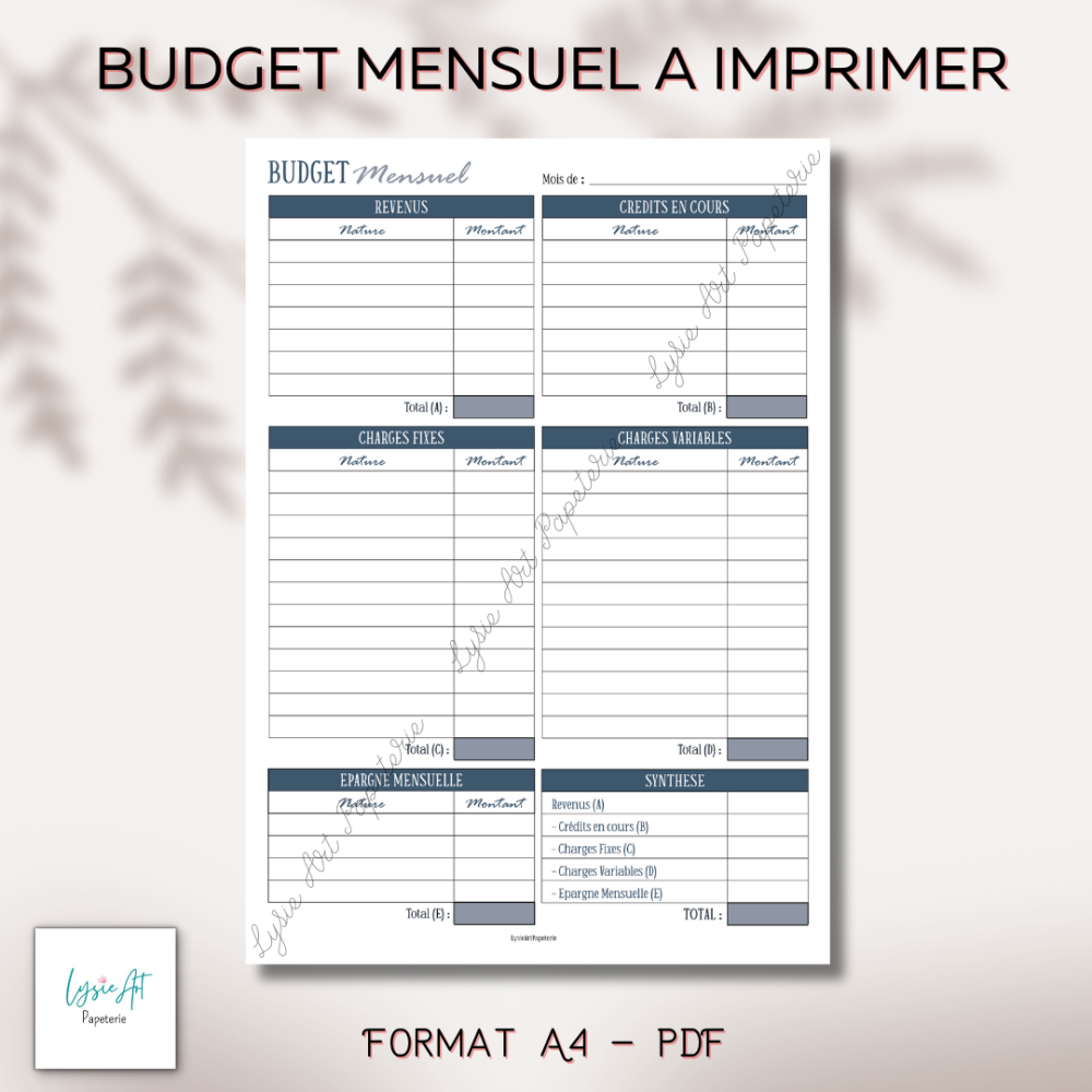 Feuille de budget mensuel par catégorie à imprimer –