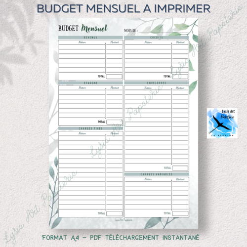 Budget mensuel francais imprimable - compatible systeme des enveloppes - fichier pdf a4 - téléchargement instantané - thème nature