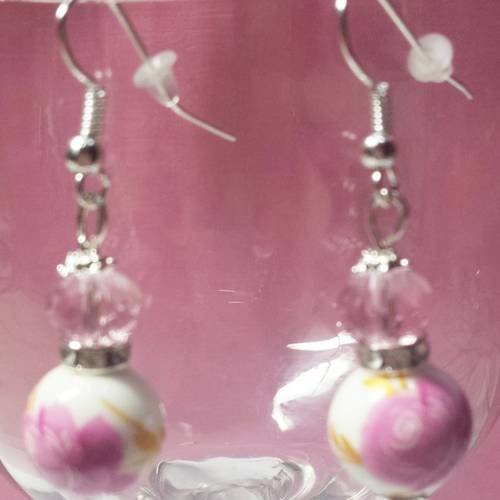 Boucles d'oreilles en porcelaine et cristal de swarowski rose 