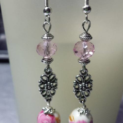 Boucles d'oreilles en porcelaine et cristal de swarowski rose 