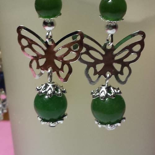 Boucles d'oreilles papillons argent jade vert 