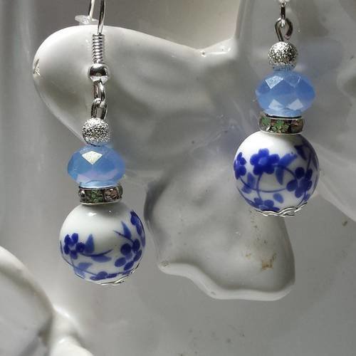 Boucles d'oreilles en porcelaine et cristal de swarowski bleu 2 