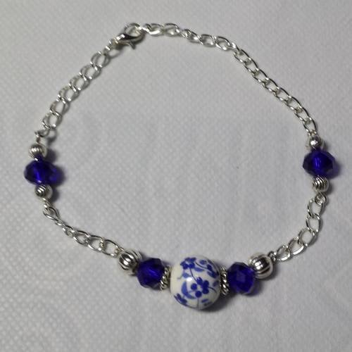 Bracelet argent porcelaine et cristal de swarovski bleu 