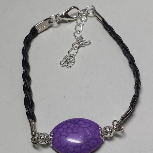 Bracelet cuir 1 perle galet en turquoise imitation violet 