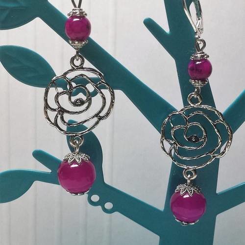 Boucles d'oreilles roses et perles de jade fuchsia 