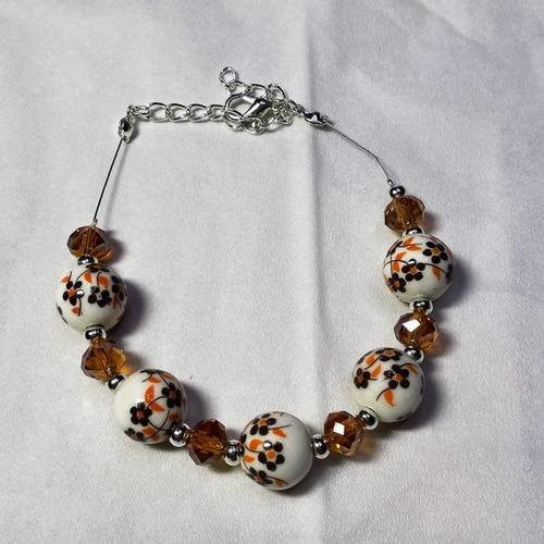 Bracelet câblé perles porcelaine marron/orange 