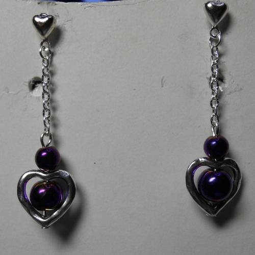 Boucles d'oreilles coeur perle hématite violet 