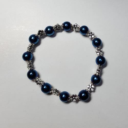 Bracelet élastiqué hématites bleues véritables et perles argent 