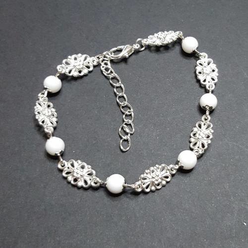 Bracelet filigrane et perles d'onyx blanc véritables 