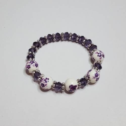Bracelet élastiqué argent porcelaine et cristal de swarovski violet 