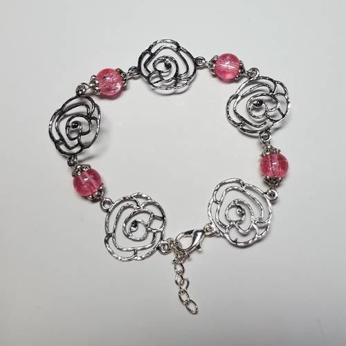 Bracelet bouquet de roses et perles craquelées rose 
