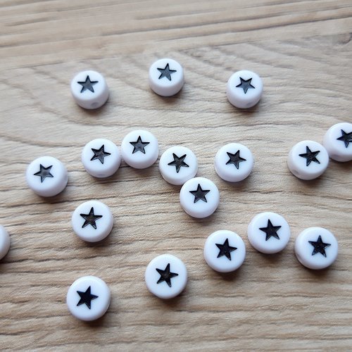 Perle étoile noire sur fond blanc en acrylique, perle ronde 7mm