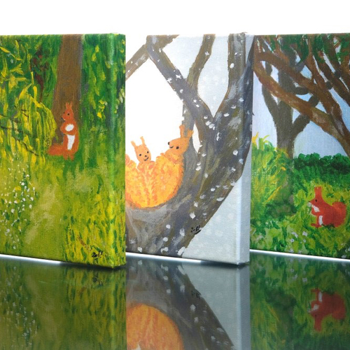 Tryptique tableaux déco enfant - petits écureuils - 20cmx20cm