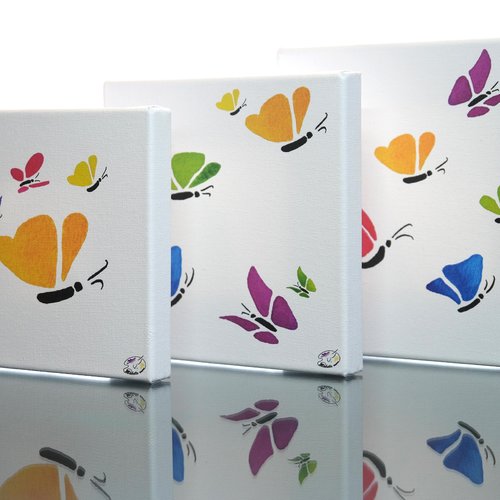 Triptyque tableaux déco - envol de papillons - 15x15cm-17x17cm-19x19cm