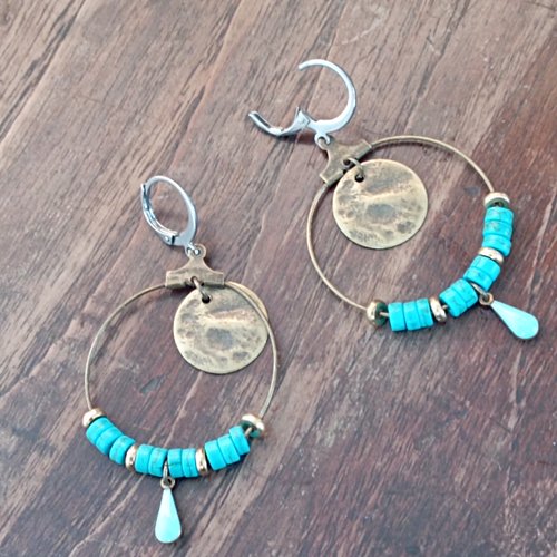 Boucles d'oreille bronze tons bleu turquoise