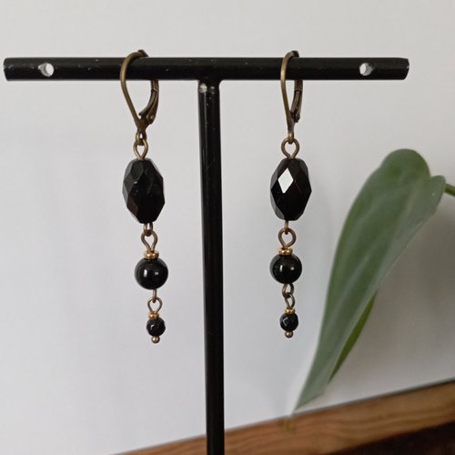 Boucles d'oreille bronze onyx et verre tchèque
