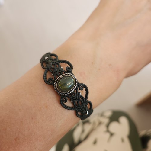Bracelet macramé labradorite sertie laiton argenté