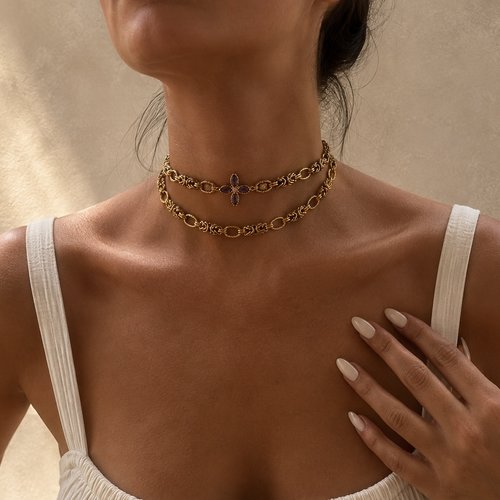 Collier double rang doré en acier inoxydable à croix violette – bijou baroque femme
