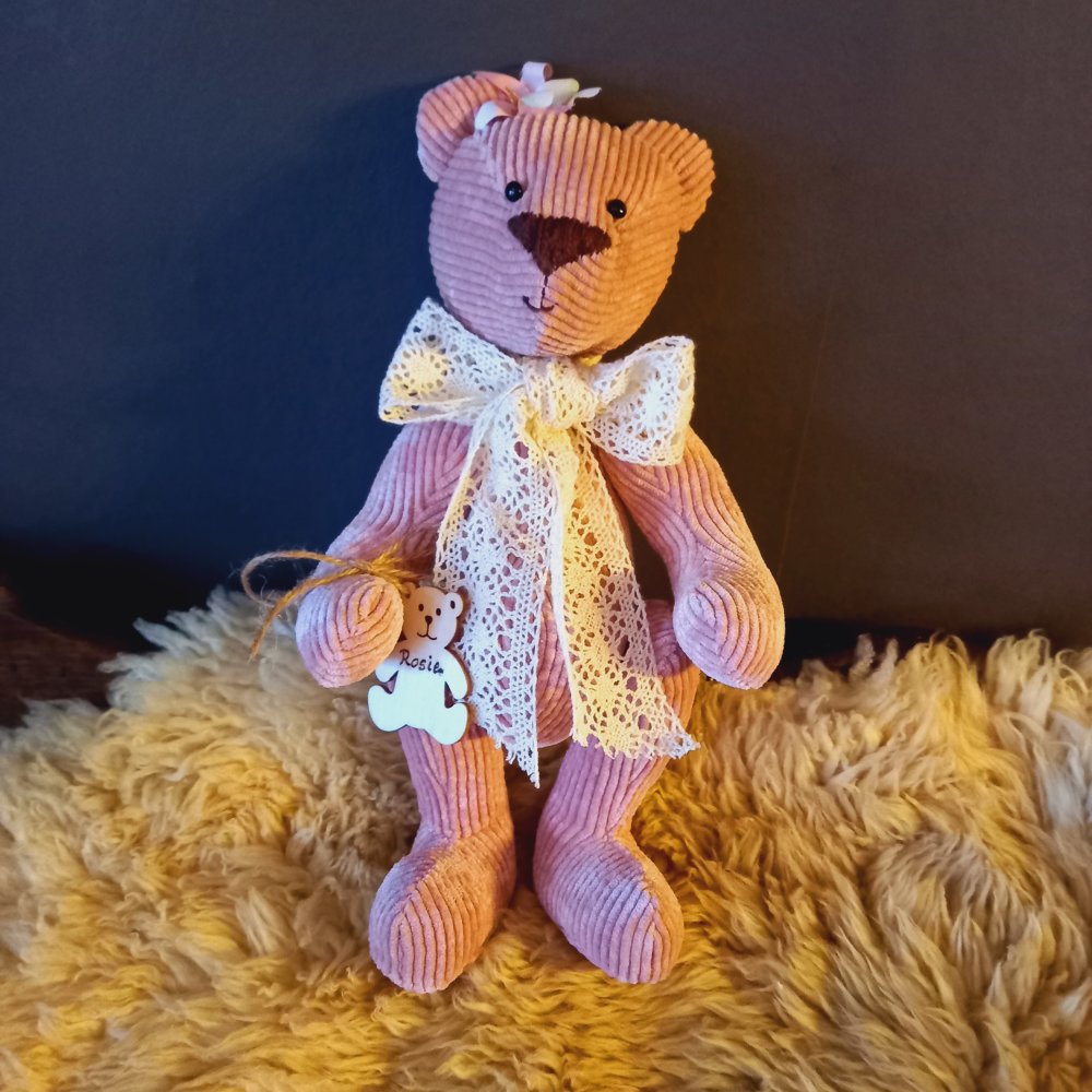 Gros nounours tout doux en velours côtelé rose poudré, doudou pour