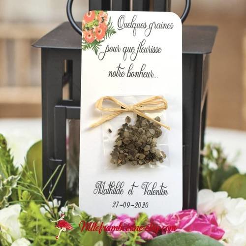 Lot de 10 cartes sachets de graines de fleur pour mariage motif florale, avec texte  personnalisable et  noeud satin ou raphia