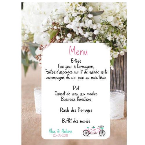 Menu thème tandem, personnalisable, mariage, fête, anniversaire, bapteme, communion, art de la table