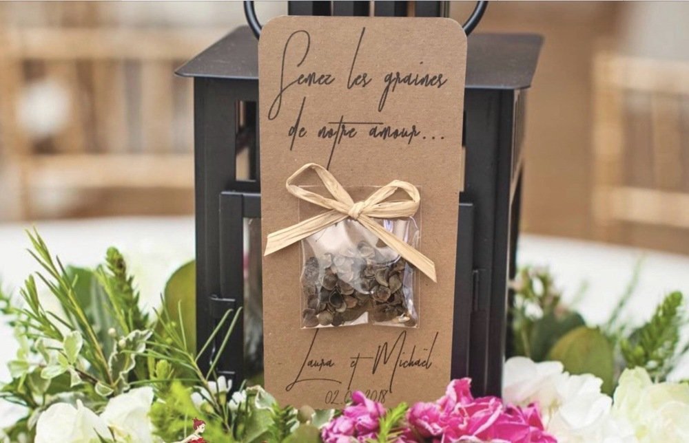 Graines à semer - Cadeaux invités personnalisés - Mariage champêtre - Kraft  recyclé Dentelle et Raphia