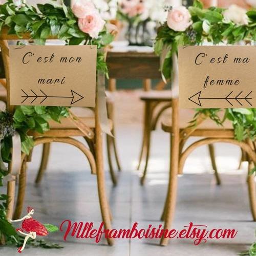 Pancarte « c'est ma femme » « c'est mon mari »pour dos de chaise, mariage nature, banner,  décoration, kraft naturel, lien 